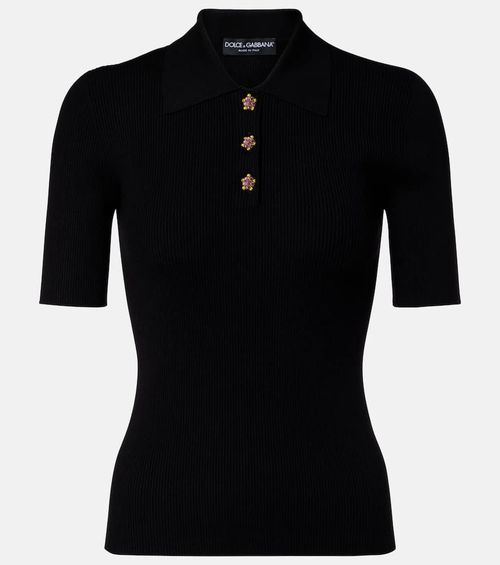 Embellished ribbed-knit polo shirt