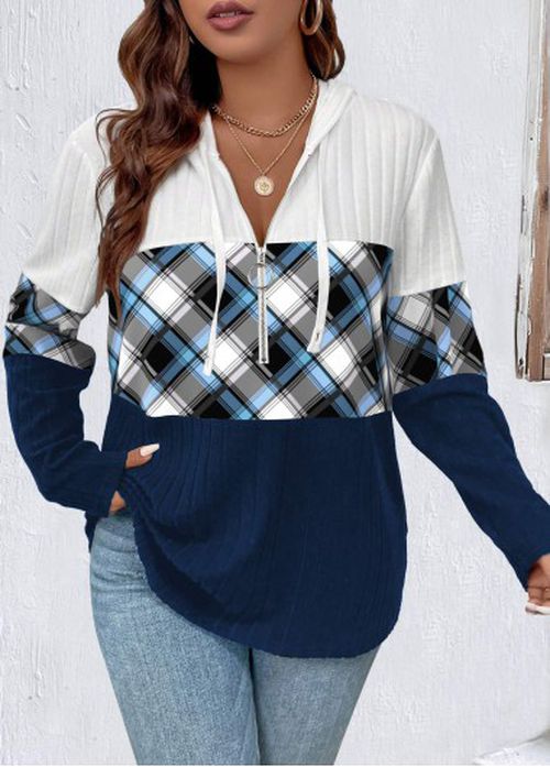Modlily Navy Zipper Plus Plaid Long Sleeve Hoodie - 2X