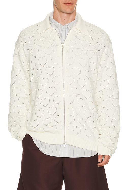 Vowels Eyelet Knitted Zip Up in Cream - White. 1 also