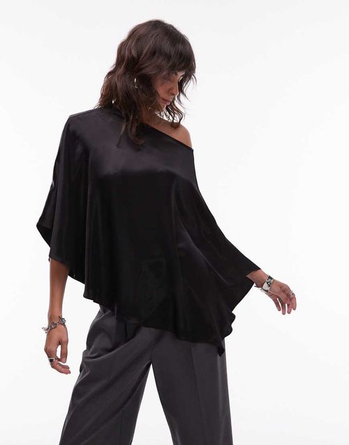 Satin one shoulder drape top in black