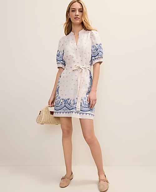 Ann Taylor Weekend Paisley Puff Sleeve Mini Dress in Linen Blend