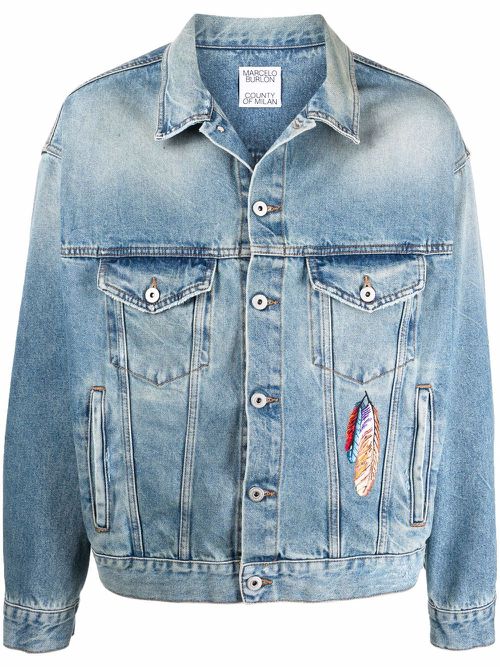 Embroidered feathers denim jacket - Blue