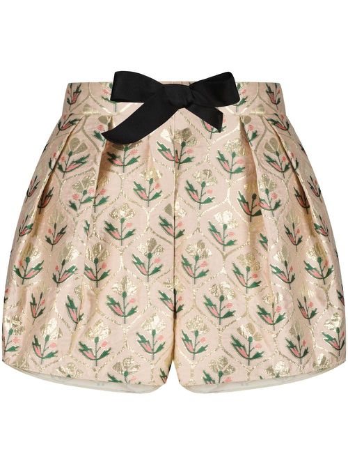 Floral-jacquard bow-trim shorts - Neutrals