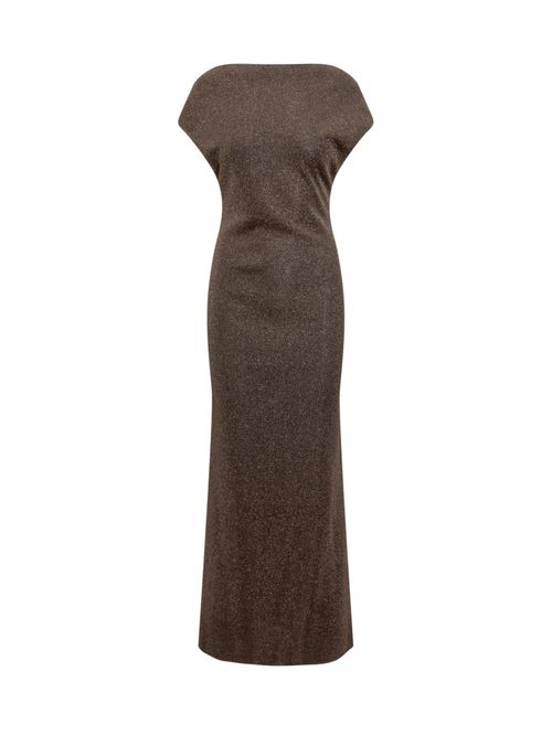 Brown Textured Boat Neck Maxi Dress