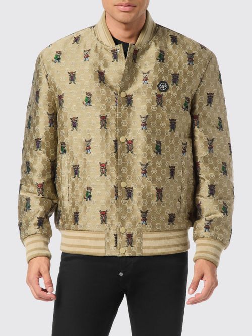 All-Over Hexagon Monogram Print Silk Blend Bomber Jacket