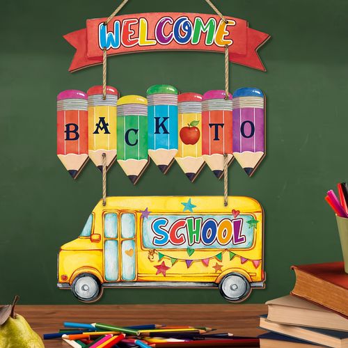 TEMU 3pcs Back To School Car Wooden Wall Hanging Decor - Colorful Pencil And Bus Design, Classroom And Office, Classroom Decor| Design|wooden