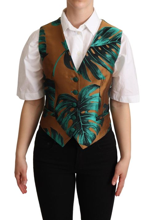 Jacquard Leaf Print Vest — Brown