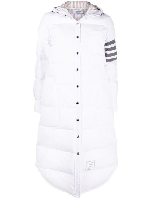 White DOWN FILLED BELOW KNEE HOODED SHIRTDRESS W/ 4 BAR IN MILITARY RIPSTOP