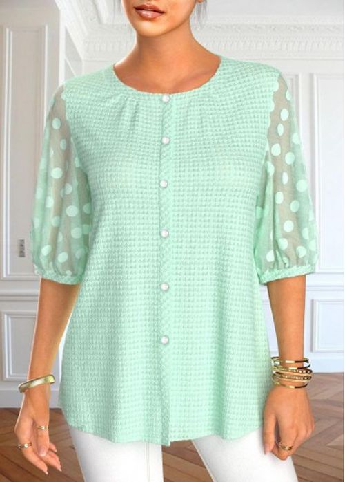Modlily Mint Green Mesh Half Sleeve Round Neck Blouse