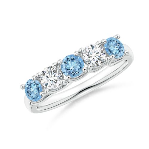 Angara 0.54 Carat Half Eternity Five Stone Aquamarine and Diamond Wedding Ring in 14K White Gold