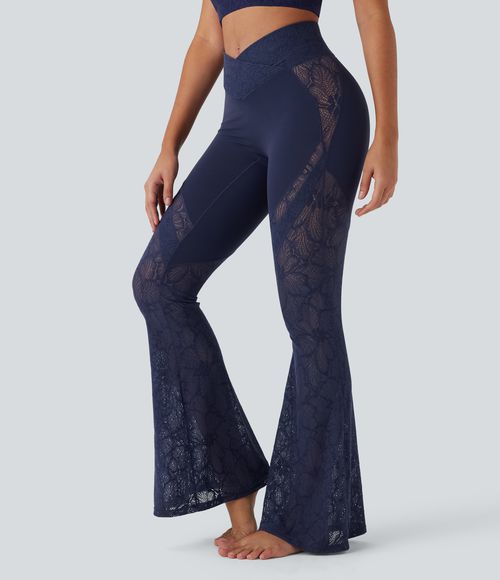 SoftlyZero™ High Waisted Crossover Pocket Contrast Lace Flare Yoga Leggings  - Peacoat