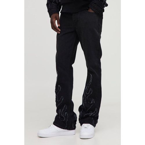 Mens Washed Black Flame Applique Stacked Slim Fit Flared Jean