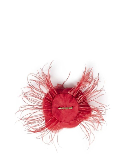 Feather-Trimmed 3D Georgette Rose Hair Clip — Red