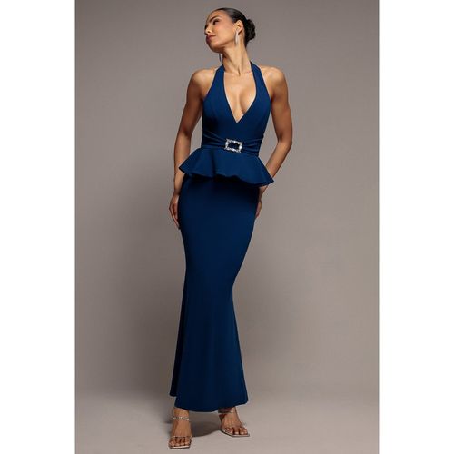 Goddiva Peplum Halter Neck Maxi Dress With Diamante Buckle - Navy Blue