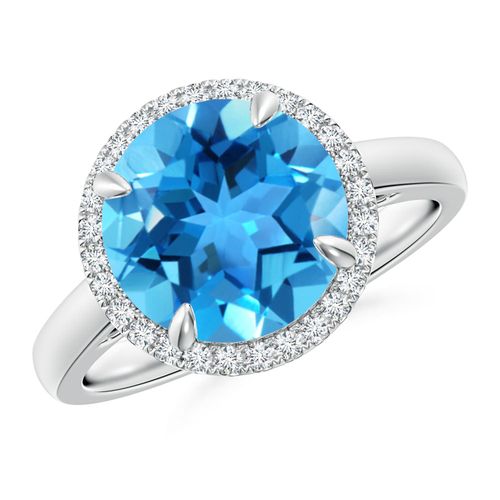 Angara 4.2 Carats Round Swiss Blue Topaz Cathedral Ring with Diamond Halo in Platinum