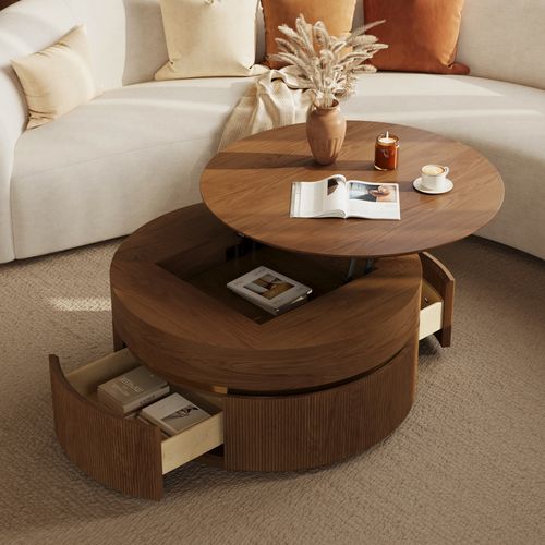 Table basse ronde en noyer à plateau relevable cannelé pouces avec 2 tiroir