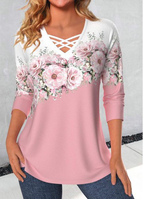 Modlily Valentine's Day Pink Criss Cross Floral Print T Shirt