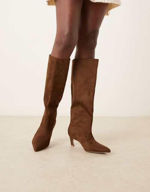 Carmel pull-on kitten heeled knee boots in chocolate suedette-Brown