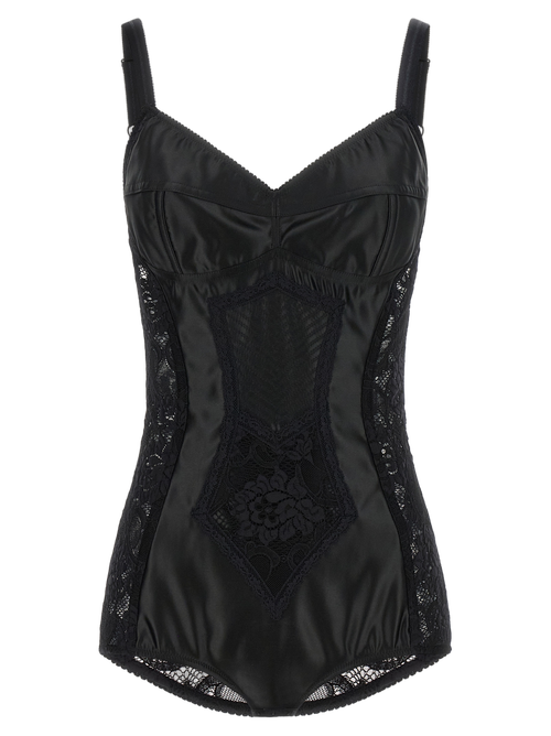 Lace-Panelled Satin Bodysuit — Black