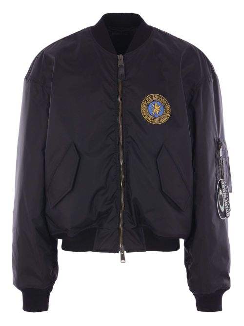 Embroidered-Logo Nylon Bomber Jacket — Black