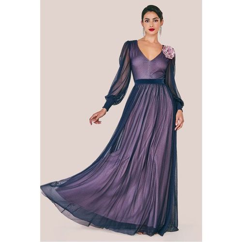 Goddiva Corsage V-Neck Dobby Mesh Maxi - Blue