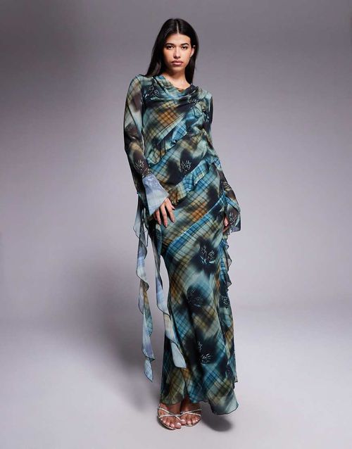 Chiffon ruffle maxi dress in tarten print-Multi
