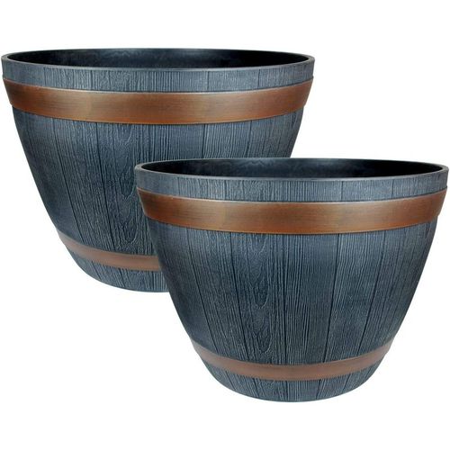 Rustic Dark Grey Plastic Half Barrel Cask Planters - Set of 2