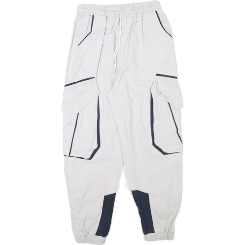 Mens White & Navy Relaxed Cargo Drawstring Cotton Blend Trousers W24 L25 Casua