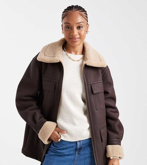 ASOS DESIGN Tall leather look mid length bonded jacket in chocolate-Brown