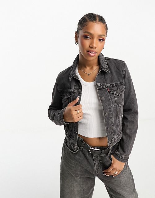 Cropped denim trucker jacket in washed black