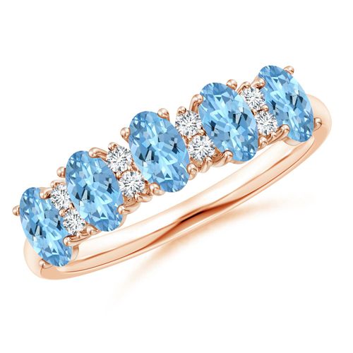 Angara 1.0 Carat Five Stone Aquamarine and Diamond Wedding Ring in 14K Rose Gold
