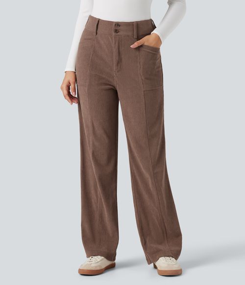 High Waisted Corduroy Casual Straight Leg Pants with Pockets  - Acorn
