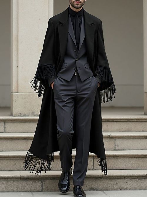 Men's Tassel Patchwork Long Casual Blazer SKUL35040 - Black / S