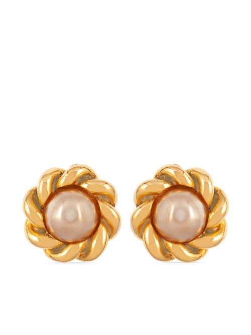 1980s twist-detail pearl-embellished clip-on earrings - Gold