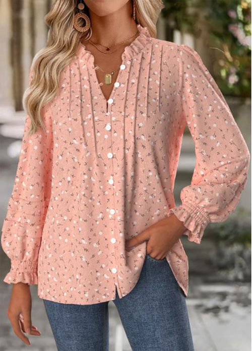 Modlily Pink Tummy Coverage Floral Print Long Sleeve Blouse