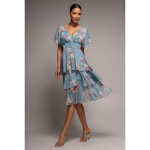Goddiva Layered Floral Midi With Flutter Sleeves - Airforce Blue