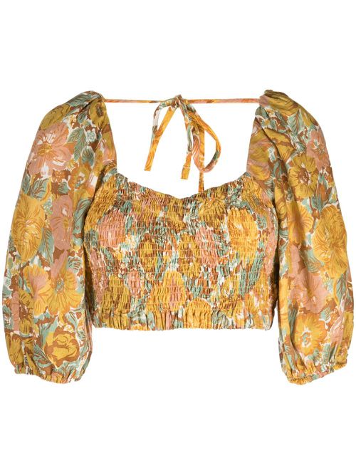 Alejandra floral-print linen crop top - Yellow