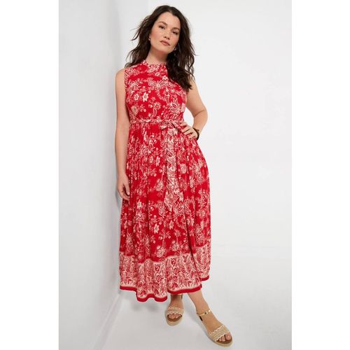 Joe Browns Floral Maxi Dress With Ruffle Collar And Border Print In Red