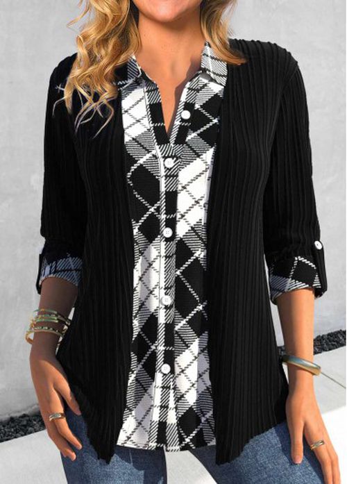Modlily Black Button Fake 2in1 Plaid Blouse