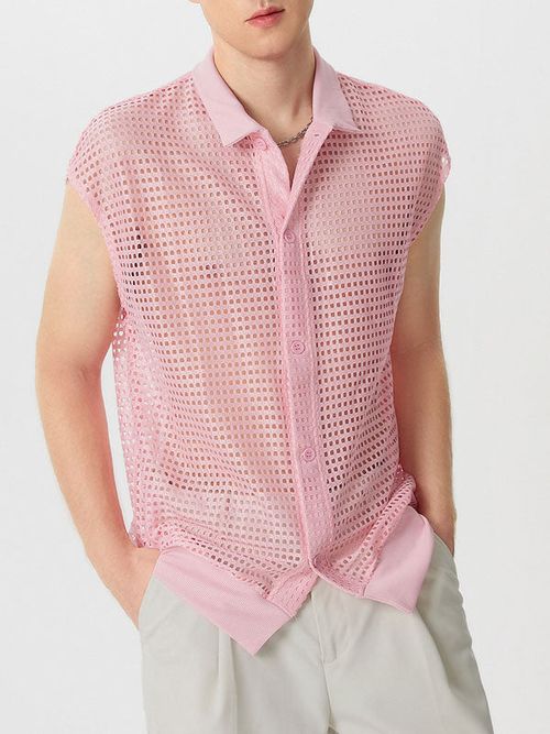 Mens Solid Mesh See Through Casual Shirt SKUK55783 - Pink / S