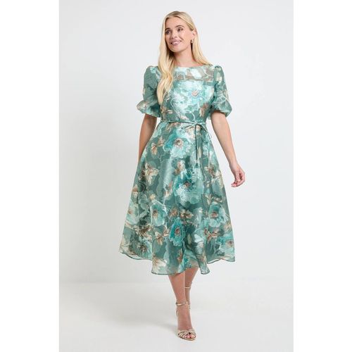 Wallis Women's Petite Floral Organza Puff Sleeve Midi Dress in Sage