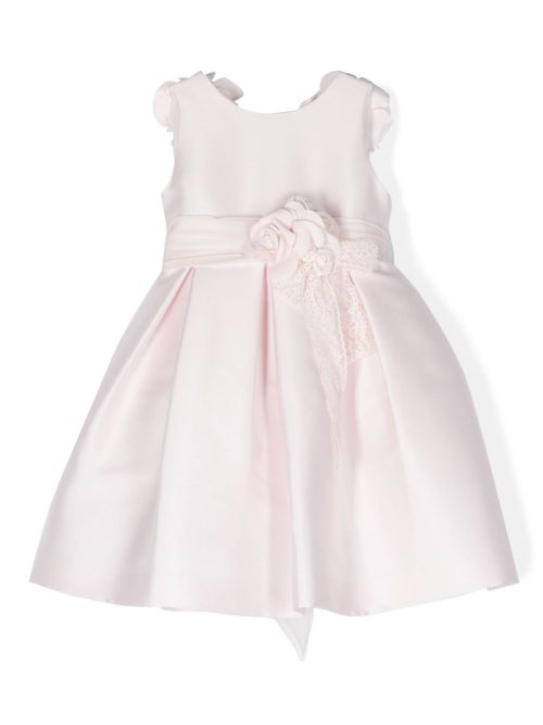 Rose-appliqué pleated tiered dress - Pink
