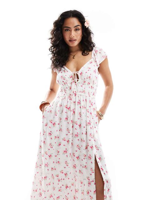 Hollister short sleeve milkmaid midi slit dress in pink floral