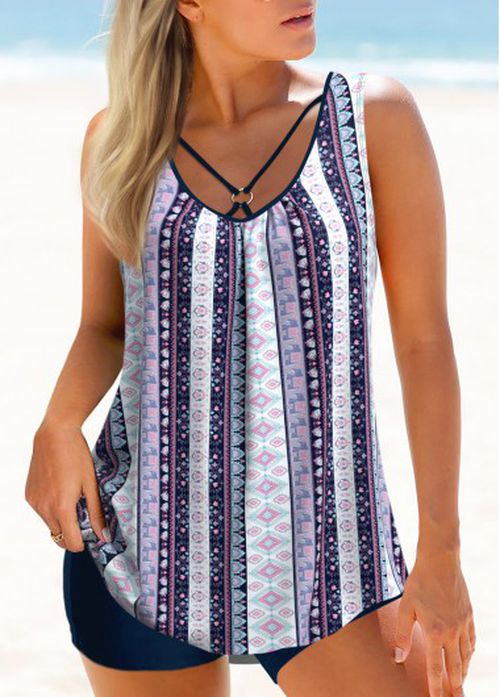 Modlily Metal Ring Tribal Print Multi Color Tankini Set