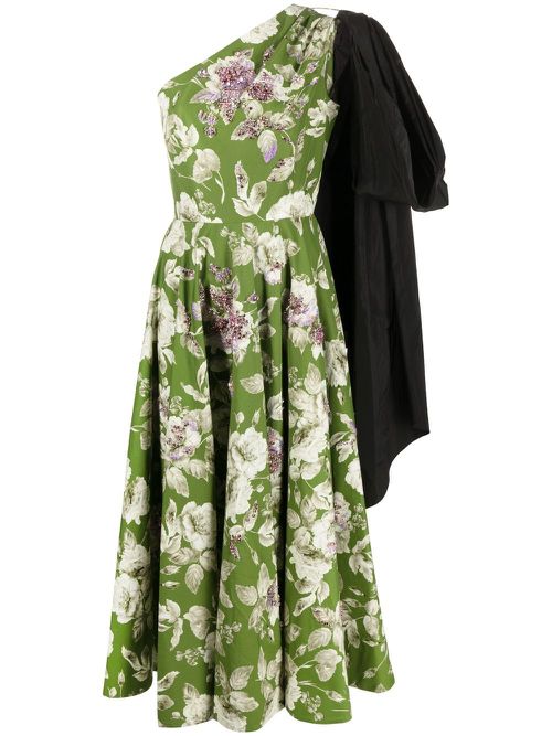 Asymmetric floral-print midi dress - Green