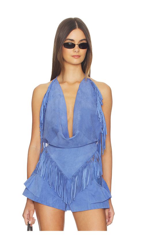 Understated Leather Fringed Halter Top in Blue. XS. Also in