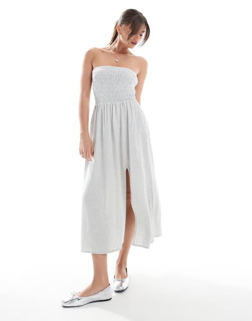 Hollister strapless drop waist panelled midi dress in sage stripe-Green