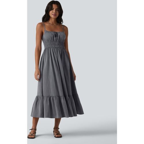 Halara Tie Front Flowy Midi Casual Linen-Feel Slip Milkmaid Dress - Obsidian Weave