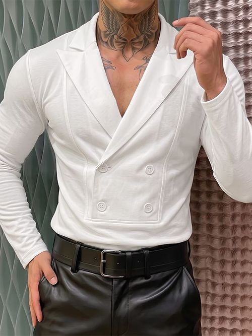 Men's Romantic Avant-Garde Double-Breasted Plunge Muscle-Fit Long Sleeve Shirt SKUL77303 - White