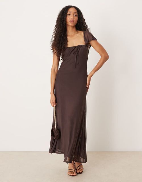 Mesh milkmaid puff sleeve maxi dress in chocolate-Brown